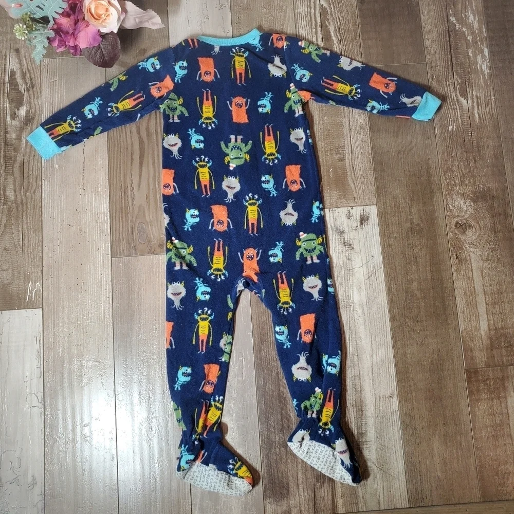 Carter's Blue Orange Green Monster Size 3T Fleece Footed Pajamas PJs EUC